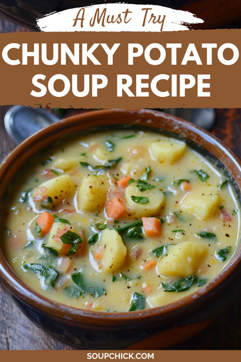 Chunky Potato Soup Recipe Carrot Celery Potato Soup, Broth Potato Soup, Vegetable Soup With Potatoes, Chunky Potato Soup Recipe, Vegetarian Potato Soup, Chunky Soups, Chunky Potato Soup, Thick Soup, Food Soup