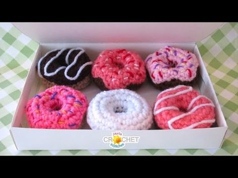 Pretty Little Donuts (Doughnuts) - Crochet Pattern & Tutorial - YouTube Crochet Doughnut, Crochet Donut, Glazed Doughnut, Cute Donuts, Food Ornaments, Crochet Food, Thick Yarn, Crochet Diy, Yarn Sizes