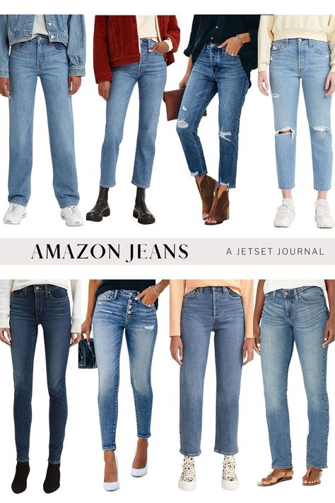 Shop the latest women's jeans with Amazon fashion! Find women's straight leg jeans, shaping skinny jeans, high rise jeans, straight ankle jeans and Levi original fit jeans for women on Amazon with next day delivery! Affordable fashion has never been easier. Visit A Jetset Journal and learn how to syle jeans for everyday looks perfect for spring trends! Styles Of Jeans, Amazon Jeans, Casual Date Night Outfit, Best Jeans For Women, Straight Ankle Jeans, Jeans Outfits, Gameday Outfit, Neutral Fashion, Jeans For Women