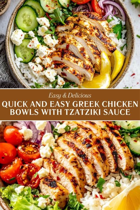 These Greek Chicken Bowls are a fresh and vibrant meal, featuring juicy lemon-herb chicken, crisp veggies, and creamy tzatziki sauce. Perfect for meal prep or a quick healthy dinner! Easy Greek Chicken, Greek Chicken Bowls, Lemon Herb Chicken, Chicken Bowls, Delicious Chicken Recipes, Quick Healthy Dinner, Romaine Lettuce Salad, Tzatziki Sauce, Lemon Herb