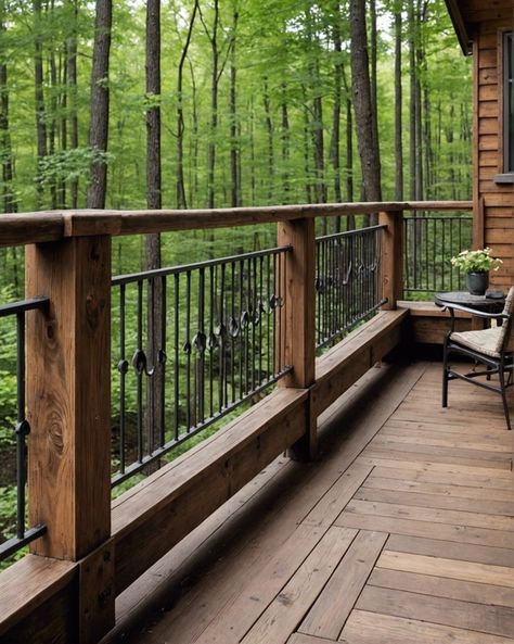 20 Awesome Deck Railing Ideas For Your Backyard Deck – ToolzView Decorative Deck Railing Ideas, Cabin Deck Ideas, Balcony Balustrade, Rustic Deck, Porch Railing Designs, Deck Railing Ideas, Lake Property, Railing Designs, Deck Railing Design