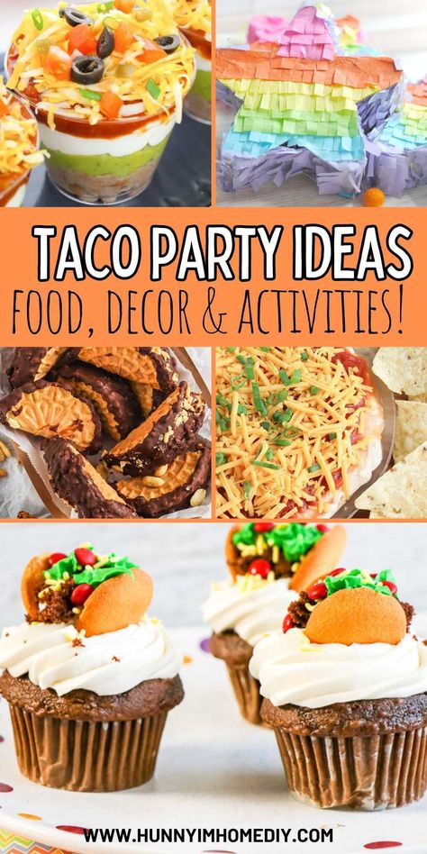 Looking for party planning ideas? These taco party recipes, decorations, and activities are perfect. Whether you're hosing a Cinco de Mayo celebration or 2nd birthday, you'll love all these cute appetizers, desserts, and treats! Grab some free printables and learn how to create your own fiesta at home today. Taco Event Ideas, Margarita Taco Party, Taco Bar Printables Free, Taco Bout A Housewarming Party, Taco Birthday Party Decorations, Appetizers For Taco Party, Cinco De Mayo Kids Party, Taco Themed Party Food, Three Esta Birthday Party Food