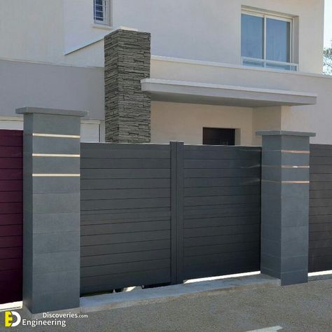 34 Ideas Of Walls And Fences To Improve The Facade Of Your House | Engineering Discoveries House Front Gate, Latest Gate Design, Modern Main Gate Designs, Compound Wall Design, Home Gate Design, Gate Wall Design, Gate Designs Modern, Front Wall Design, Modern Gate