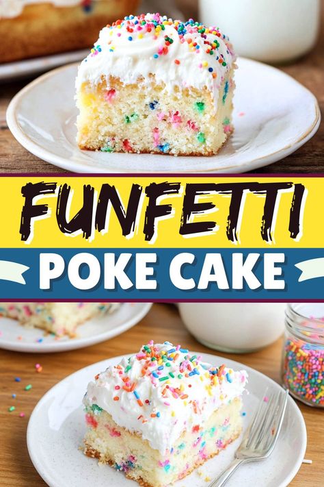 This Funfetti poke cake is perfect for birthdays, parties, and more! The light vanilla flavor and sweet whipped topping are a true delight. Confetti Poke Cake Recipes, Vanilla Poke Cake Recipes, Easy Poke Cakes, Poke Cake Recipes Condensed Milk, Funfetti Poke Cake, Funfetti Cake Mix Recipes, Funfetti Cake Mix, Birthday Cake Flavors, Shake N Bake