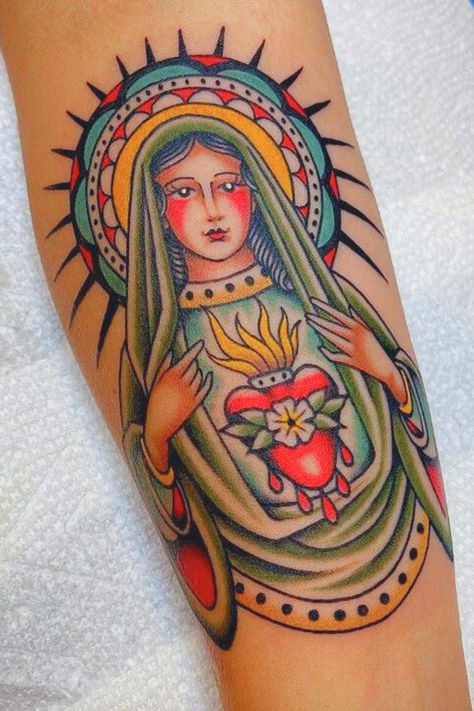 traditional virgin mary tattoo 
#traditionalvirginmary #tattoodesign #stencil #black #flash #virgendeguadalupe #tattoo #skull #designmen #americantraditional #neotraditional Virgen De Guadalupe Tattoo Ideas, Guadalupe Tattoo, Geometric Chest, Virgin Mary Tattoo, Cowgirl Tattoos, Mary Tattoo, Religious Tattoos, Weird Tattoos, Spiritual Tattoos