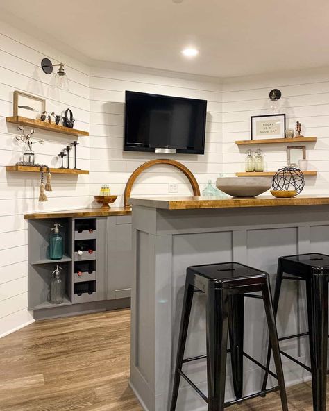 Shiplap Wall Bar Area, Bar With Shiplap Wall, Accent Bar Wall, Black Shiplap Bar, Shiplap Bar Wall, Shiplap Wall With Shelves, Under Bar Wall Ideas, Bar With Shiplap, Inset Bar