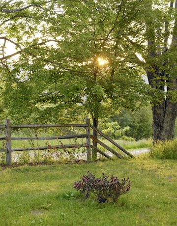 Catskill Mountain House – Cynthia Steffe Designer Mountain House - Country Living.  Split-rail fence. Glass Bottle Tree, Colorful Glass Bottles, Fenced Garden, Split Rail Fence, Country Fences, Garden Interior, Rustic Fence, Fencing Ideas, Brick Fence