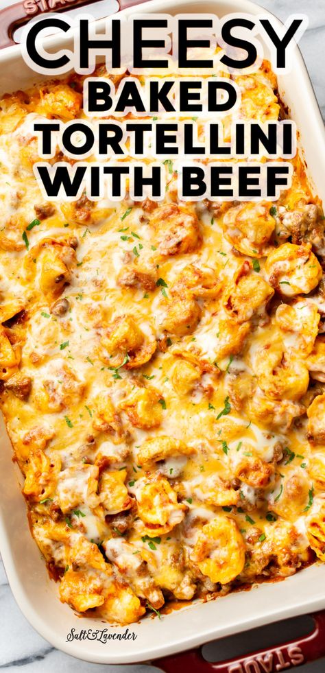 This easy pasta bake recipe has juicy ground beef, cheese tortellini, marinara sauce, and tons of melty cheddar and mozzarella! It's the perfect family and kid-approved comfort meal. Baked Tortellini Recipes, Cheesy Baked Tortellini, Easy Pasta Bake, Cheese Tortellini Recipes, Baked Tortellini, Tortellini Recipe, Pasta Bake Recipe, Beef Pasta Recipes, Tortellini Bake