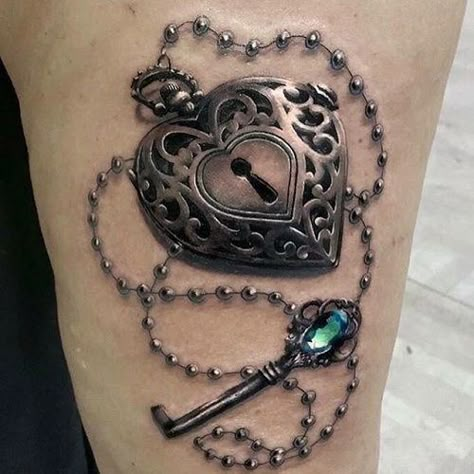 9 Insanely Creative and Stunning Jewel Tattoos With Images Padlock Tattoo, Heart Lock Tattoo, Lock And Key Tattoo, Lock Key Tattoos, Heart Locket Tattoo, Key Tattoo Designs, Lock Tattoo, Locket Tattoos, Chain Tattoo