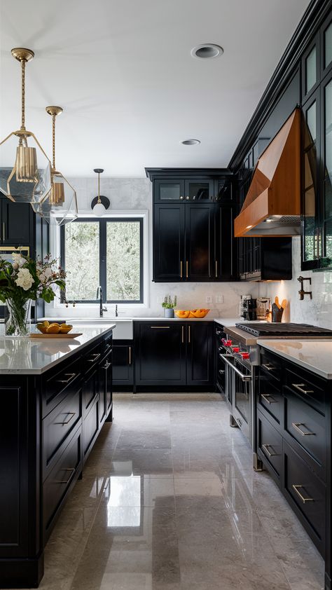 22 Black Kitchen Ideas: Modern, Small Spaces, Rustic Wood & Luxury Decor with Gray and Matte Finishes Timeless Kitchen Dark Cabinets, Sherwin Williams Black Magic Cabinets, Countertops With Black Cabinets, Charcoal Cabinets Kitchen, Black Kitchen Ideas Modern, Dark Gray Countertops, Kitchens With Black Cabinets, Charcoal Gray Kitchen Cabinets, Black Cabinets Kitchen