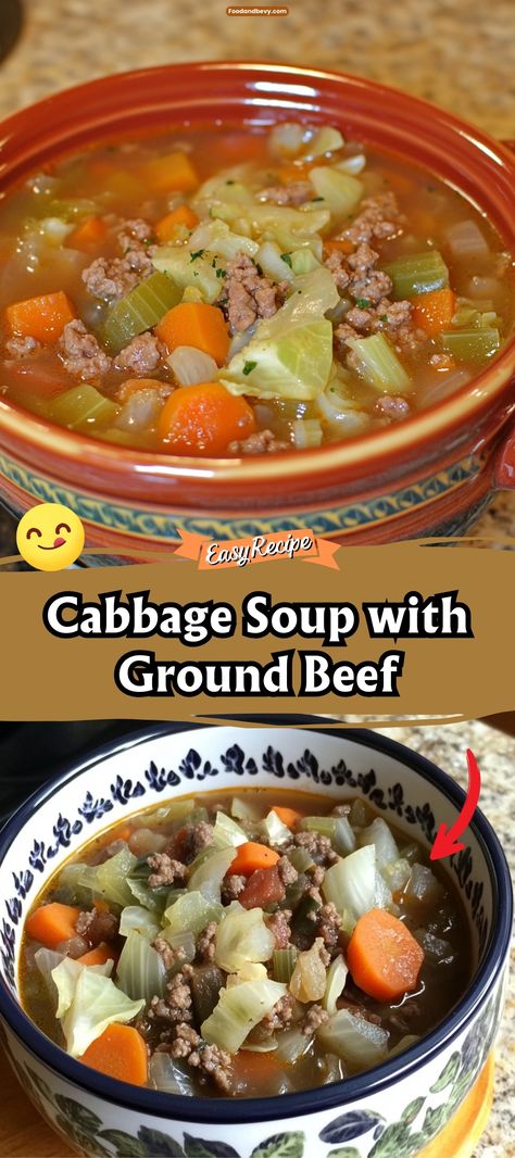 This hearty Cabbage Soup with Ground Beef is a nutritious and satisfying dish, perfect for cold weather or any time you need a comforting meal. Packed with fresh cabbage, lean ground beef, tomatoes, and aromatic vegetables, it's a wholesome soup that's both filling and flavorful. #CabbageSoup #HealthyEating #ComfortFood Vegetable Soup Recipes With Ground Beef And Cabbage, Cabbage Soup With Ground Beef Crock Pot, Soup With Cabbage And Ground Beef, Cabbage Soup With Potatoes, Cabbage Soup With Meat, Hamburger Vegetable Soup With Cabbage, Italian Sausage Cabbage Soup, Cabbage And Ground Beef Soup, Hamburger Cabbage Soup Ground Beef