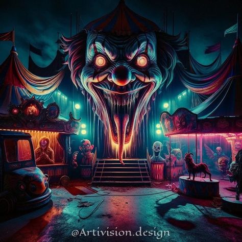 Spooky Carnival, Scary Carnival, Clown Tattoos, Circus Tents, Haunted Circus, Evil Clown Tattoos, Dark Carnival, Haunted Carnival, Creepy Circus