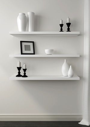 How to Hang Shelves - Floating Minimalist Shelves, Modern Wall Shelf, Wall Shelves Design, White Shelves, Mounted Shelves, Floating Wall Shelves, Decorating Shelves, Estantes Flotantes, Office Essentials