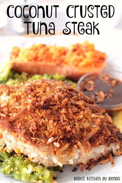 This Coconut Crusted Tuna Steak was inspired by coconut shrimp I'd recently had while out to dinner. It's paired with a dipping sauce of orange juice and hoisin, which is the perfect compliment to the mild sweetness of the crunchy toasted coconut crust. - Kudos Kitchen by Renee Coconut Crust, Tuna Steak Recipes, Vegan Pizza Recipe, Tuna Steak, Fresh Tuna, Tropical Food, Tuna Steaks, Ahi Tuna, Easy Seafood Recipes