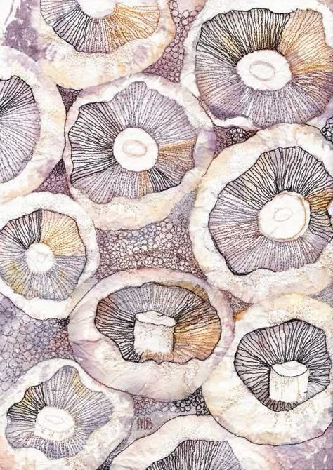 Mushrooms 3   -   Textile Art by Marion Browning.B.A. hons. Marion Browning, Textiles Sketchbook, Natural Form Art, A Level Textiles, Gcse Art Sketchbook, Mushroom Drawing, Mushroom Art, A Level Art, Free Machine Embroidery