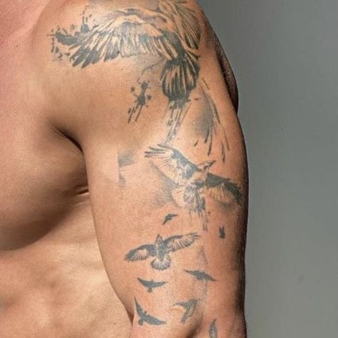 Bird Shoulder Tattoo Men, Men Tattoo Ideas Arm Small Simple, Mens Bird Tattoo, Ankle Tattoo Men, Small Eagle Tattoo, Bag Tattoo, Underarm Tattoo, Rib Tattoos For Guys, Rowan Whitethorn