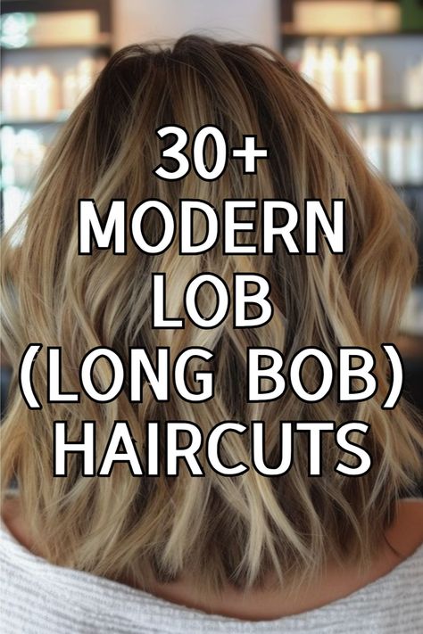 Back view of a wavy lob haircut with dimensional blonde highlights. Blonde Lob Haircut With Bangs, Shoulder Length Hair Cuts Long Bobs, Angled Long Bob Haircuts, Natural Wavy Lob Haircut, Center Part Lob, Stacked Lob Haircut, Long Lob Haircut With Bangs, Thick Hair Lob Haircut, Lob Blowout