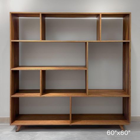 Mid-Century Modern Geometric Bookcase - 60" X 60" - Walnut | Chairish Asymmetrical Bookcase Built Ins, Mcm Built In Shelves, Mid Century Modern Book Shelf, Unique Bookcases Creative Bookshelves, Mid Century Modern Bookshelves, Build In Bookshelf, Bookshelf Built In, Asymmetrical Bookshelf, Modern Cabinet Kitchen