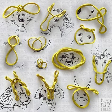 12-Rubber-Band-Animals-Victor-Nunes-The-Art-of-Making-and-Drawing-Faces-using-Everything-www-designstack-co Paperclip Crafts, Compass Drawing, Kids Origami, Sharpie Crafts, Fabric Drawing, Art Elements, Drawing Faces, Black Art Painting, Board Decoration