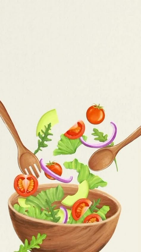 Cute Food Wallpaper Backgrounds, Salad Background Design, Salad Bowl Drawing, Vegan Food Illustration, Healthy Eating Wallpaper, Healthy Food Illustration Art, Salad Doodle, Healthy Business Ideas, Healthy Food Wallpaper