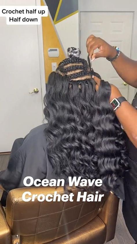 Ocean Wave Crochet Half Up Half Down in 2022 | Crochet hair styles, Crochet curls hairstyles, Best crochet hair Sew In Hairstyles Water Wave, Wave Braids Hairstyles, Jazz Water Crochet Hair, Crochet Hair Straight Hairstyles, Simple Crochet Hairstyles For Black Women, Hair Styles 2023 Black Women, Loose Crochet Hair, Crochet With Human Hair Black Women, Crochet Wedding Hairstyles