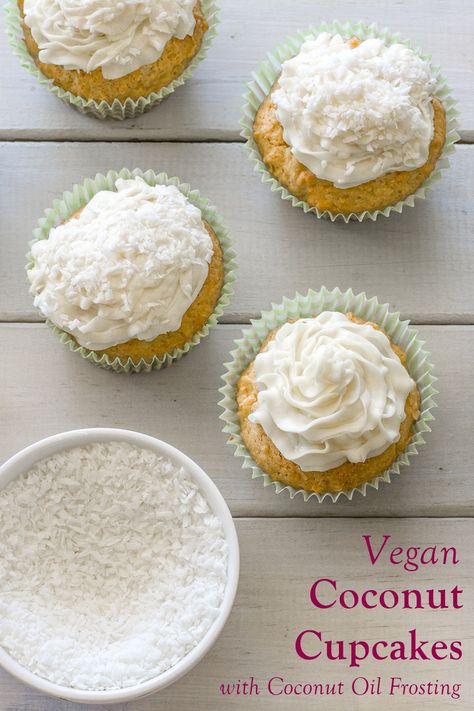 Dairy-Free Coconut Cupcakes Recipe with Vegan Coconut Oil Frosting Vegan Butterscotch, Coconut Oil Frosting, Brown Sugar Cupcakes, Butterscotch Cupcakes, Coconut Cupcake Recipes, Go Dairy Free, Coconut Cupcakes, Coconut Oil Recipes, Vegan Party