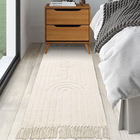 Bedroom With Runner Rug, Runner Rug In Bedroom, Rug Runners In Bedroom, Bedroom Runner Rug Ideas, Runners In Bedroom, Bed Side Rugs, Bedroom Runners, Bedroom Rug Runner, Farmhouse Beige