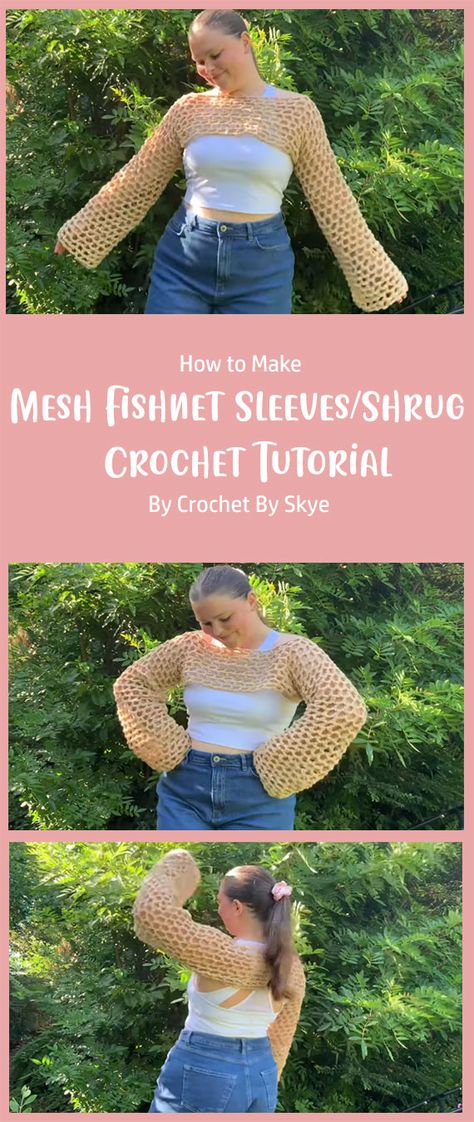 Get ready to elevate your wardrobe with the most exquisite and stylish accessory – Mesh Fishnet Sleeves and Shrugs. In this tutorial, Crochet By Skye are thrilled to guide you through the intricacies of creating these beautiful pieces. Crochet Tops Sleeves, Crochet Fishnet Sleeves Pattern, Crochet Fishnet Shrug Pattern Free, Mesh Crochet Sleeves, Fishnet Top Diy, Crochet Long Sleeve Crop Top Pattern Free, Fishnet Sleeves Crochet, Fishnet Bolero Crochet, Crochet Mesh Shrug Pattern Free