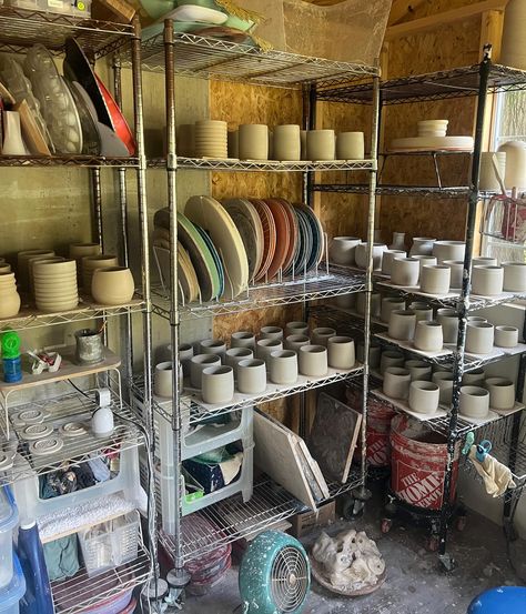 Clay covered. Shelves filled. 🤣😮‍💨😎💕🙌 A Sunday well spent in the studio working on orders and show prep. It’s September and OMGGG we’re headed into holiday season 🙃 Stay tuned for all the fun coming up! #pottery #ceramics #potterystudio #behindthescenes #ceramicstudio #handmade #potterlife #claylove Pottery Studio In Garage, At Home Pottery Studio, Pottery Studio Setup, Covered Shelves, Home Ceramic Studio, Pottery Shed, Pottery Room, Ceramic Store, Studio Shed