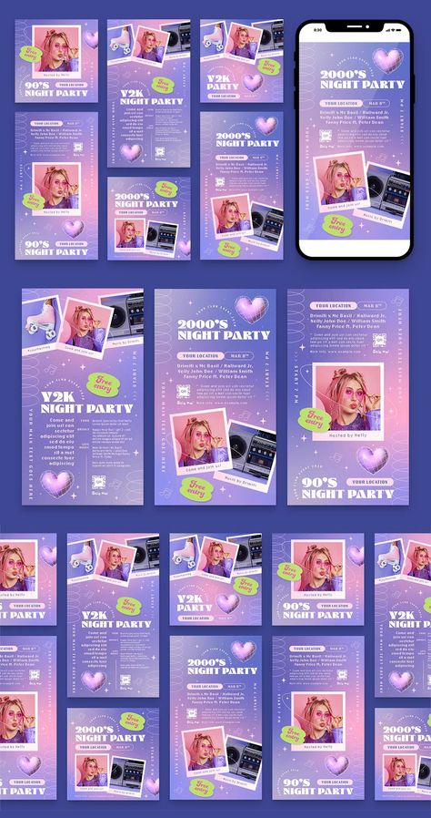 90's Party Social Media Template AI, EPS. Size: 1080x1920, 1080x1080. Y2k Social Media, Purple Y2k Aesthetic, Polaroid Frames, Purple Y2k, Nostalgic Design, Polaroid Frame, 90s Party, Paper Hearts, Y2k Aesthetic