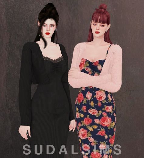 [sudal] Missy cardigan & dress set | Patreon Sims 4 Cardigan, Sims4 Cc Patreon, Spring Swimsuit, Cc Patreon, Mod Hair, Cardigan Dress, Sims 4 Dresses, Mini Twists, Sims 4 Update