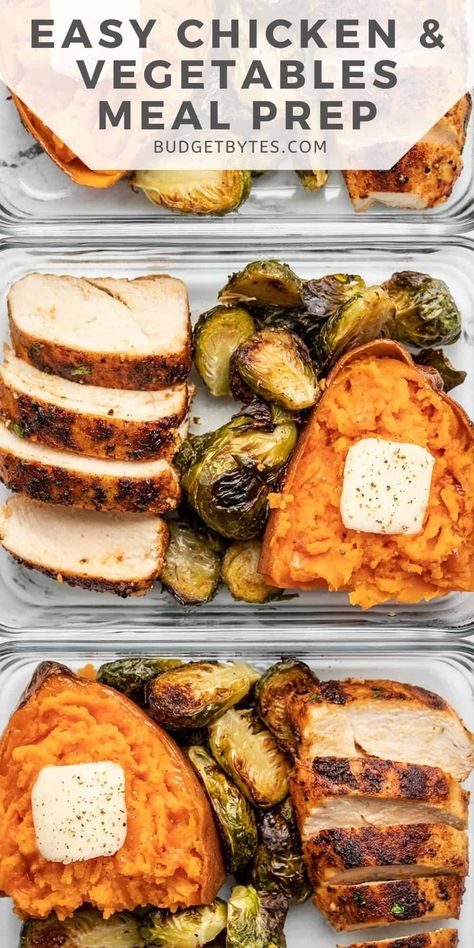 This simple chicken and vegetable meal prep is an easy way to prepare meals ahead to save time and money, plus it's customizable! BudgetBytes.com Healthy Dinner Prep Meals, Best Lunch Meal Prep Recipes, Keto Dinner Prep For The Week, Meal Prepping Ideas For Beginners, Healthy Meal Prep On A Budget For Two, Easy Meal Prepping For Beginners, Simple Clean Meal Prep, Easy Meal Prep Ideas Chicken, Well Balanced Lunch Ideas