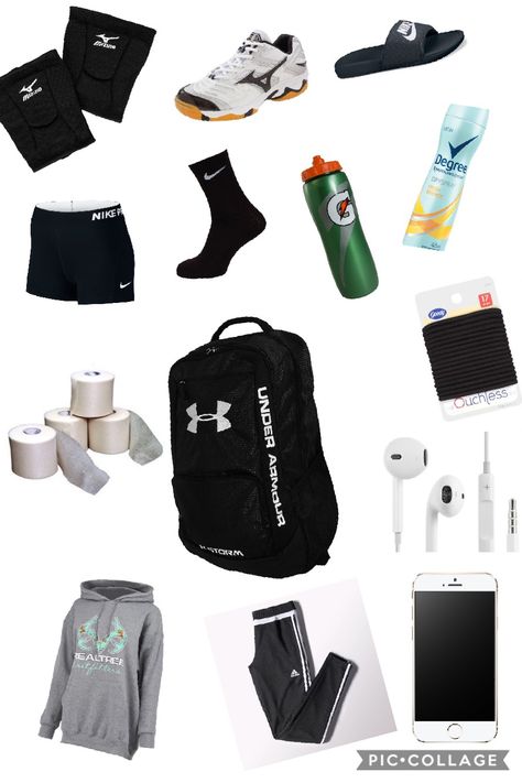 Volley Ball Practice Outfits, Whats In My Volleyball Bag, Volleyball Bag Essentials List, Volleyball Needs, Ball Game Outfit, Game Outfit Ideas, Volleyball Clothes, Volleyball Bag, Volleyball Gear