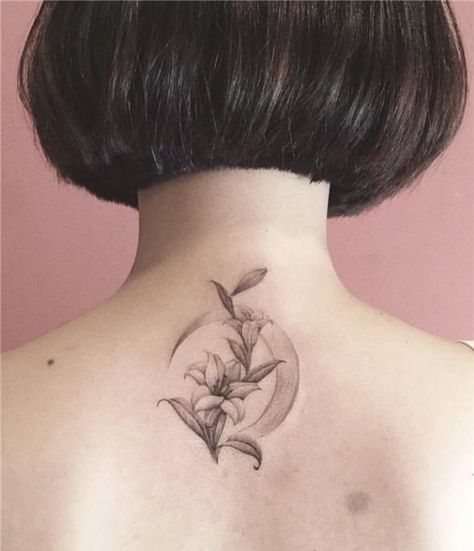 This bright lily shines under the crescent moon Moon And Dandelion Tattoo, Moon Lily Tattoo, Lily Moon Tattoo, Aster Flower Tattoos, Dandelion Tattoo Design, Lily Flower Tattoos, Favorite Tattoos, Ear Tattoos, Crescent Moon Tattoo