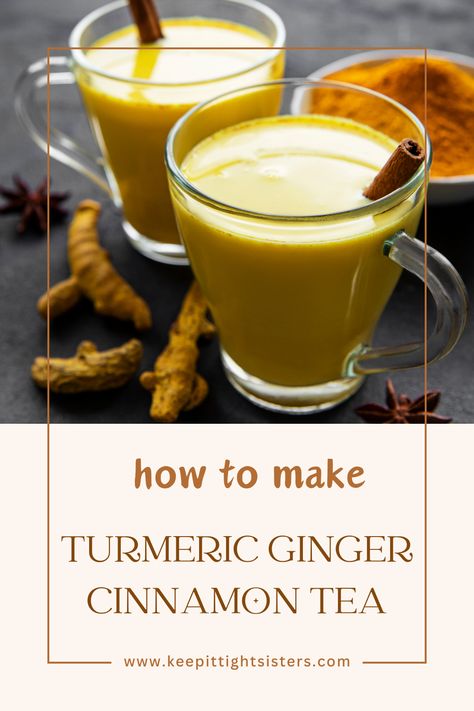 Discover the amazing health benefits that Turmeric Ginger Cinnamon tea has to offer! Packed with anti-inflammatory and antioxidant properties, this tea will not only boost your immune system but also promote gut health and cognitive function. Join the health revolution by incorporating this delicious and nutritious beverage in your daily routine. #turmerictea #turmericbenefits #gintertea #gingerbenefits #cinnamontea #cinnamonbenefits Homemade Turmeric Tea, Turmeric Coffee Benefits, Tumeric Ginger Cinnamon Tea Recipes, Turmeric Tea For Inflammation, Turmeric Ginger Cinnamon Tea, Teas For Gut Health, Turmeric And Ginger Tea, Ginger Tumeric Tea, Tea For Gut Health