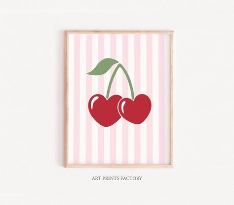 Cherry Sorority Canvas, Cherry Room Decor, Cherry Themed Nursery, Woodland Floral Nursery, Cherry Nursery, Cherry Artwork, Cherry Painting, Cute Pink Strawberry Print Sets, Cherry Poster