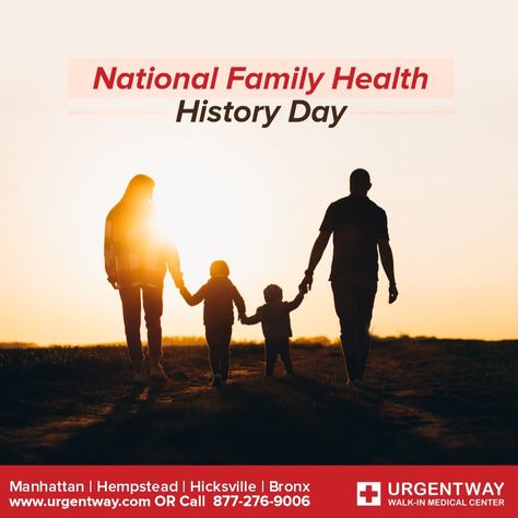 NATIONAL FAMILY HEALTH HISTORY DAY! (Need A Primary Care Physician? Our highly qualified health care professionals can help you with any of your health needs. We welcome walk-in visits or avoid the wait and schedule an appointment online at https://www.urgentway.com/book-an-appointment/ or call us at 877-276-9006) #nationalfamilyhealthhistoryday #familyhealth #health #healthylifestyle #wellness #family #womenshealth #nutrition #lifeschoices #healthyliving #urgentway #clinics #urgentwayhampstea Family Health History, Health Care Professionals, Primary Care Physician, Urgent Care, Family Health, Primary Care, Medical Center, Healthcare Professionals, Womens Health