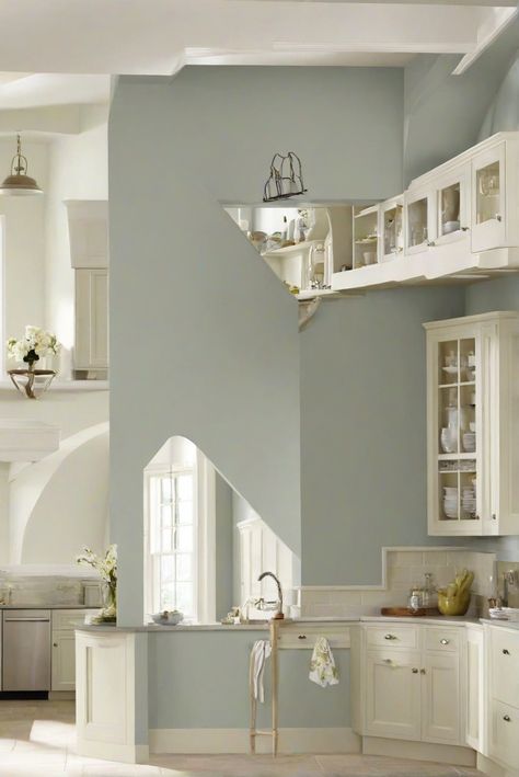 kitchen wall paint, interior wall paint, best wall paint, kitchen paint color palette Sw Topsail, Light Oak Floors, Paint For Kitchen Walls, Sage Green Kitchen, Green Kitchen Cabinets, Green Cabinets, Wall Paint Colors, House Paint, Kitchen Area