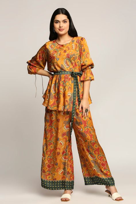 Buy Soup by Sougat Paul Yellow Satin Batik Print Pant Set Online | Aza Fashions Print Pant, Cord Set, Yellow Satin, Batik Print, Batik Prints, Indian Fashion Designers, Satin Color, Flounce Sleeve, Draped Dress