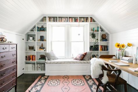 Can't wait to have my place all tidied up and decorated!  How To Decorate Like A Design Pro  #refinery29 Attic Office Space, Window Bay, Built In Bookshelves, Attic Library, Attic Office, Small Attic, Attic Design, Attic Bedrooms, Attic Renovation