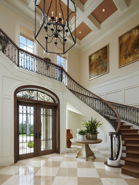 15 Extremely Luxury Entry Hall Designs With Stairs Neoclassical House, Foyer Staircase, Aesthetic Interior Design, Neoclassical Interior, Grand Foyer, Casas Coloniales, Lan Can, Marble Flooring, Foyer Design