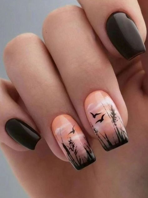 #nails #nailsdesign #weddingnails #nailsideas #quartznail Trendy Nail Art Dark Colors, Silhouette Nails Designs, Hard Nail Art, Landscape Nail Art, Camping Nails, Landscape Nails, Nailart Tutorial, Sunset Nails, Animal Nail Art