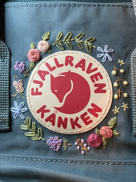 Hand embroidered full size and mini Kanken backpack Embroidery Designs Backpack, Embroidered Backpack Diy, Backpack Patches Ideas, Fjallraven Kanken Embroidered, Embroidered Kanken, Kanken Embroidery, Backpack Embroidery, Winston Salem North Carolina, Kanken Mini