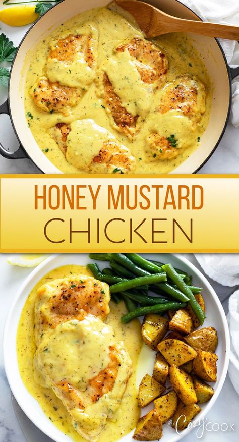 honey mustard chicken topped with a delicious honey mustard sauce and served with a side of potatoes and green beans Recipes With Yellow Mustard, Recipes For Picky Adults, Yellow Mustard Chicken Recipes, Easy Honey Mustard Chicken, Recipes For Picky Eaters Adults, Dinner Recipe With Chicken, Recipe With Chicken Breast, Kid Friendly Chicken Recipes, Chicken 101