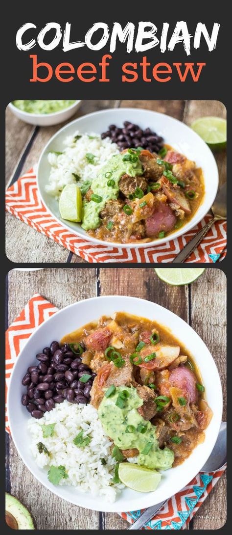 Colombian Beef Stew (Carne Guisada) - I could put that creamy avocado-cilantro sauce on ANYTHING! Columbian Food, Columbian Recipes, Colombian Dishes, Colombian Recipes, Colombian Cuisine, South American Recipes, Travel Recipes, Carne Guisada, Cilantro Sauce