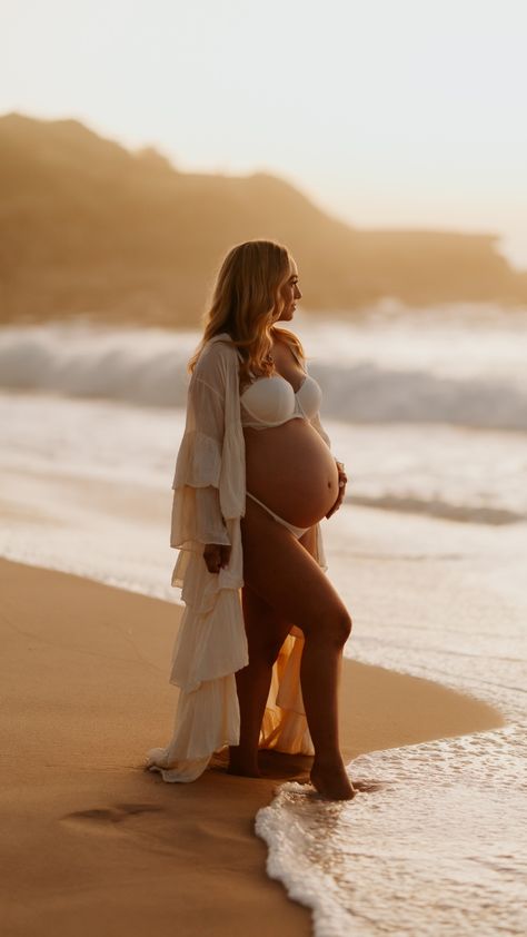 Maternity session at sunrise, 40 weeks due. Swim Maternity Photos, Maternity Shoot Beach Outfit, Beach Poses Pregnant, Maternity Photo Beach Ideas, Maternity Photoshoot On Beach, Maternity Photo Shoot Ideas At The Beach, Babymoon Beach Photos, Maternity Sunrise Photoshoot, Maternity Boudiour Beach