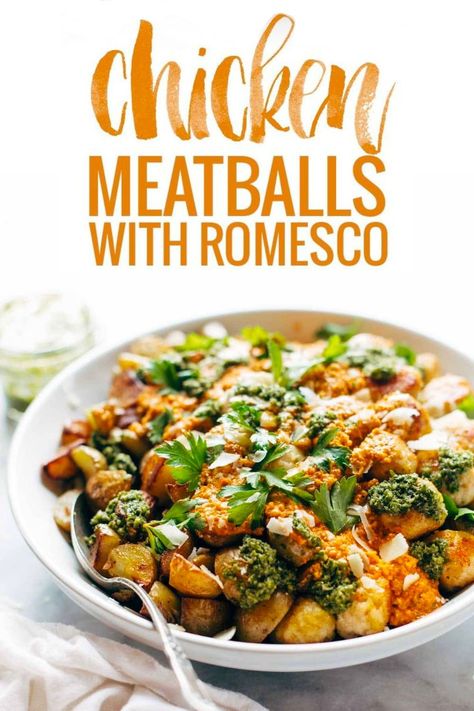 Mini Chicken Meatballs: super easy recipe made with chicken, breadcrumbs, Parm, garlic, eggs, salt. Served with crispy potatoes and a 5-minute Romesco sauce! | pinchofyum.com Mini Chicken Meatballs, Chicken Meatballs And Mashed Potatoes, Pinch Of Yum Baked Chicken Meatballs, Chicken Meatballs Mashed Potatoes, Ground Chicken Recipes Healthy Meatballs, Chicken Meatballs No Breadcrumbs, Chicken Meatball Recipes, Super Easy Recipes, Meatball Recipes