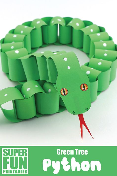 Make a paper chain snake that looks like a Green Tree python using our printable template. This is a simple paper craft idea with a realistic twist! There is also a Jungle Carpet python and a design-your-own paper snake template to make #snake #papersnake #snakecraft #paperchain #paperchainsnake #python #greentreepython #animalcrafts #kidsactivities #printables #superfunprintables #thecrafttrain Paper Snake, Rainforest Crafts, Snake Craft, Jungle Crafts, Snake Crafts, Jungle Theme Classroom, Rainforest Theme, Construction Paper Crafts, Deco Jungle