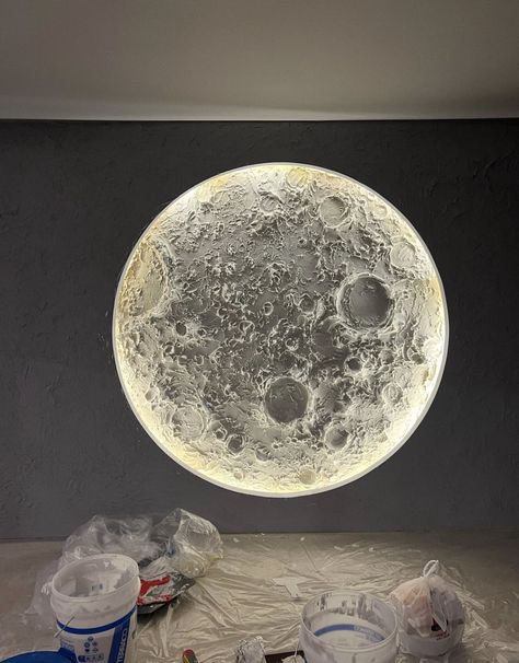 Moon Lighting, Black And Grey Bedroom, Moon Cafe, House Wall Design, Led Wall Art, Homemade Art, Art Moon, Architect Design House, Moon Wall Art