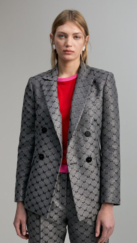 Two-tone shimmer M monogram jacquard blazer. Lapel collar and crossover button fastening. Side flap pockets. Jacquard Blazer, M Monogram, Lapel Collar, Flap Pocket, Crossover, Two Tone, Monogram, Blazer, Collar